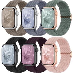 6 Pack Braided Stretchy Bands Compatible with Apple Watch Band 38mm 40mm 41mm 42mm 44mm 45mm 46mm 49mm Women Men, Adjustable Nylon Solo Loop Elastic Straps for iWatch Series 11 10 9 8 7 6 5 4 SE Ultra