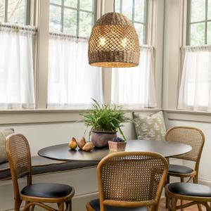 2-Light 13 Rattan Pendant Light, Boho Hand-Woven Light Fixtures, Natural Seagrass Wicker Rattan Hanging Chandelier for Farmhouse Kitche Dining Living Bedroom Foyer