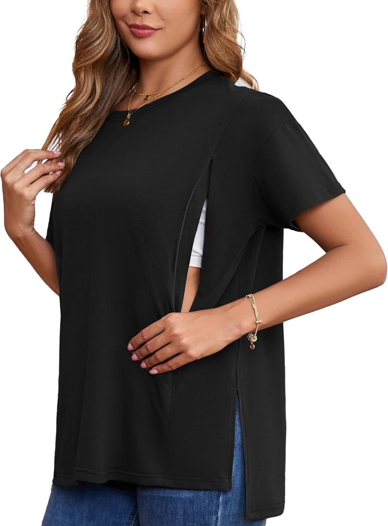 Ecavus Women's Oversized Nursing Shirts for Breastfeeding with Hidden Zipper Short Sleeves Side Splits Maternity Tops (X-Large, Black)
