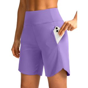 Soothfeel Women's 7" Athletic Running Long Shorts with Pockets High Waisted Bermuda Shorts for Women Workout Walking Casual (L)