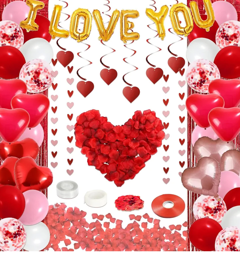 72 Pcs Valentines Day Decor Kit, Happy Anniversary Decorations - Balloon Set, 1000 Pcs Dark-Red Rose Petals, "I LOVE YOU" banner, Multi Decors For Romantic Decorations Special Night