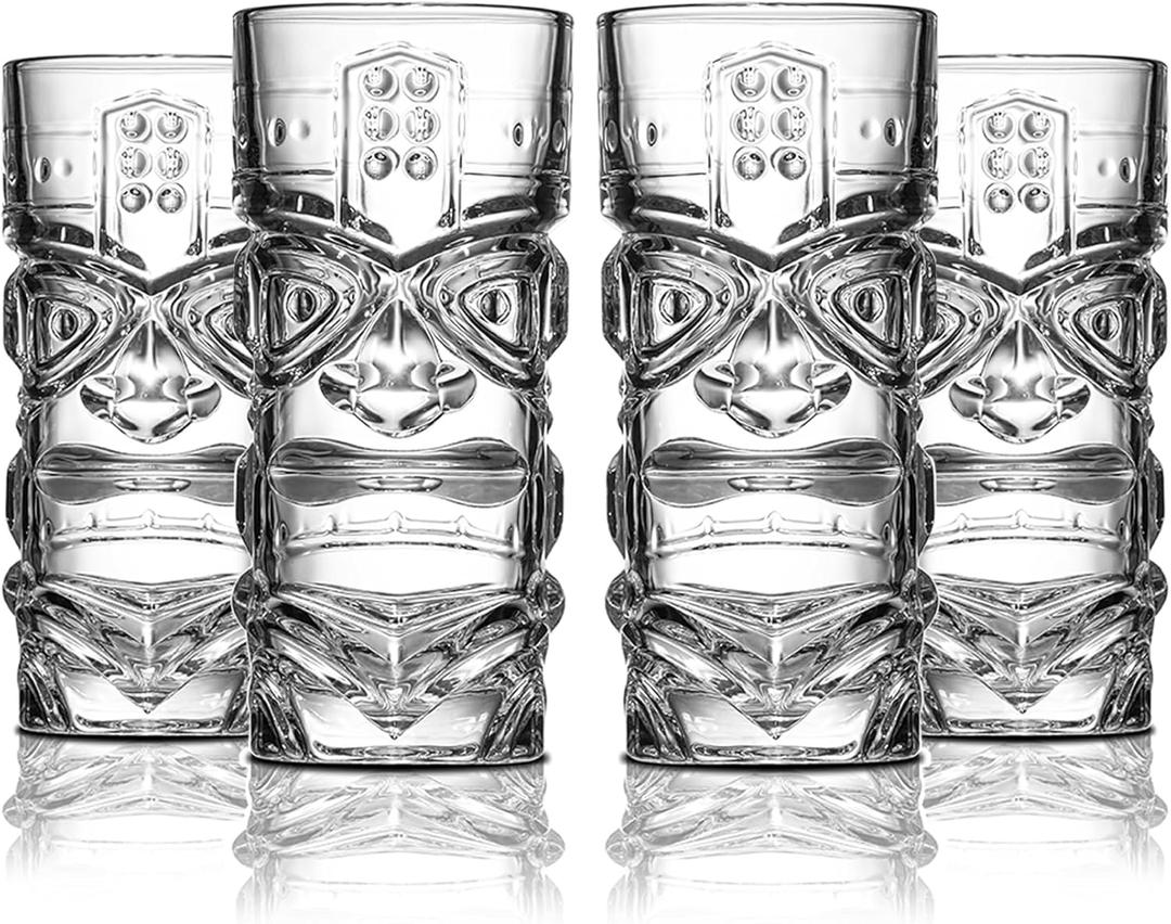 Tiki Glasses Set of 4, 13.5oz - Elevate Your Tiki Experience with Stylish Tiki Cups for Cocktails. Perfect for Tropical Drinks, Pina Coladas, and Exotic Blends.