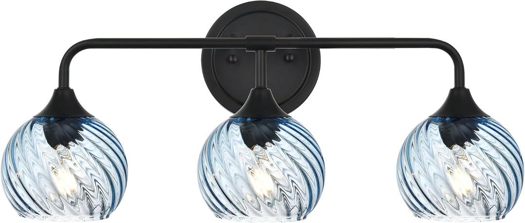 MELUCEE 25 Inch 3-Light Bathroom Light Fixtures Black
Vanity Lights with Blue Striped Swirl Glass Shade, Mid-Century Modern Bathroom Vanity Light Over Mirror