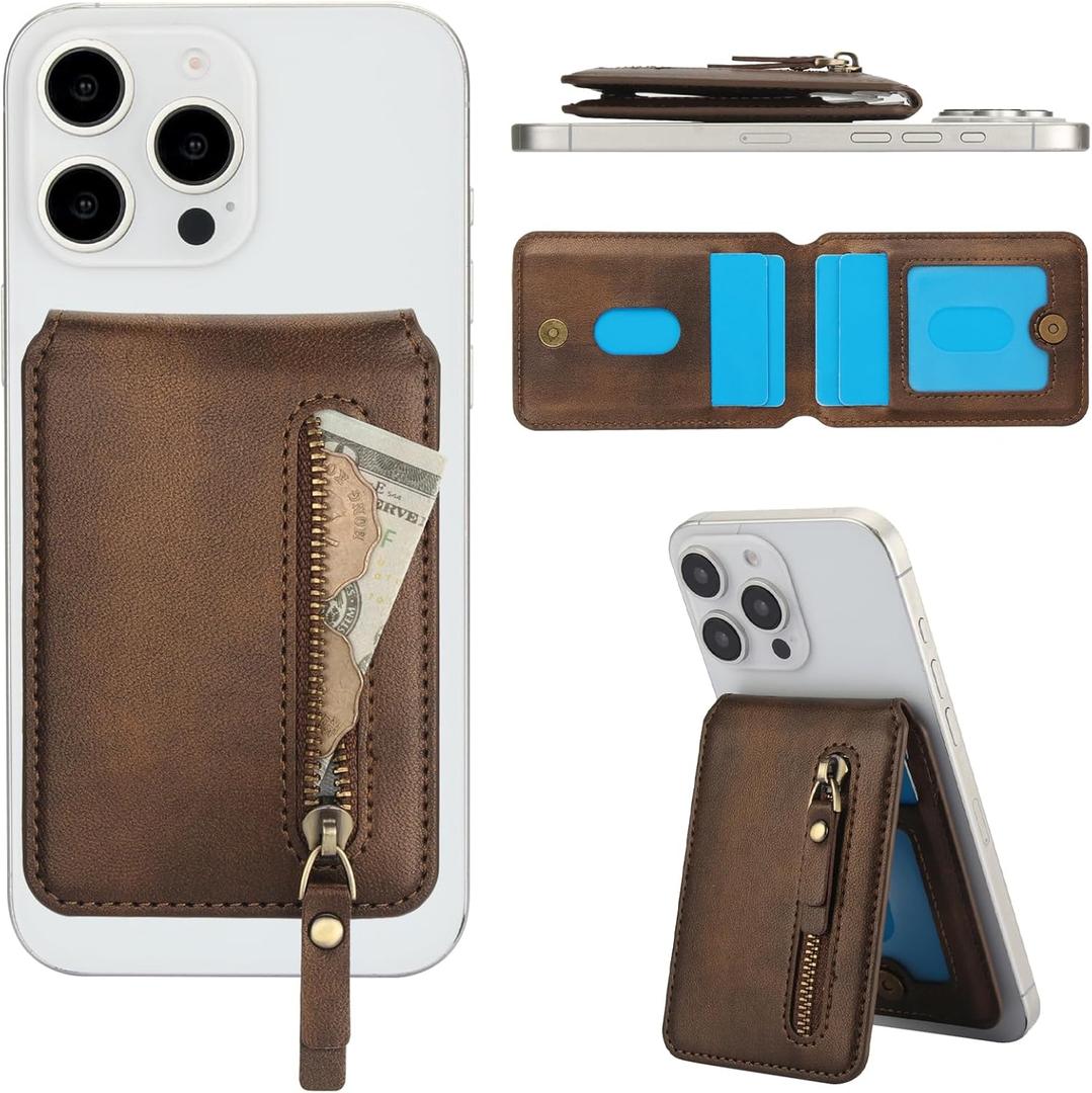 HAII for MagSafe Card Wallet Bag compatible with MagSafe Invisible Ultra-Thin Lightweight Kickstand Magnetic Mobile Wallet Man Woman, 4 Card Slots + 1 Zipper Cash Bag. (Brown, Zipper)