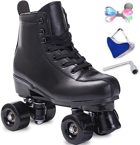 SCNUT Roller Skates Women Men High-Top PU Leather Roller Skates Classic Double-Row Roller Skates Outdoor Indoor Quad-Skates with Light up Shoe Laces Size 8