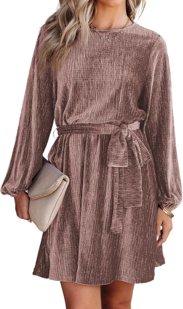 Happy Sailed Women's Vintage Velvet Mini Dresses Fall Fashion Lantern Sleeve Empire Waist Belted A-Line Skater Dresses for Cocktail Party Pink, X-Large