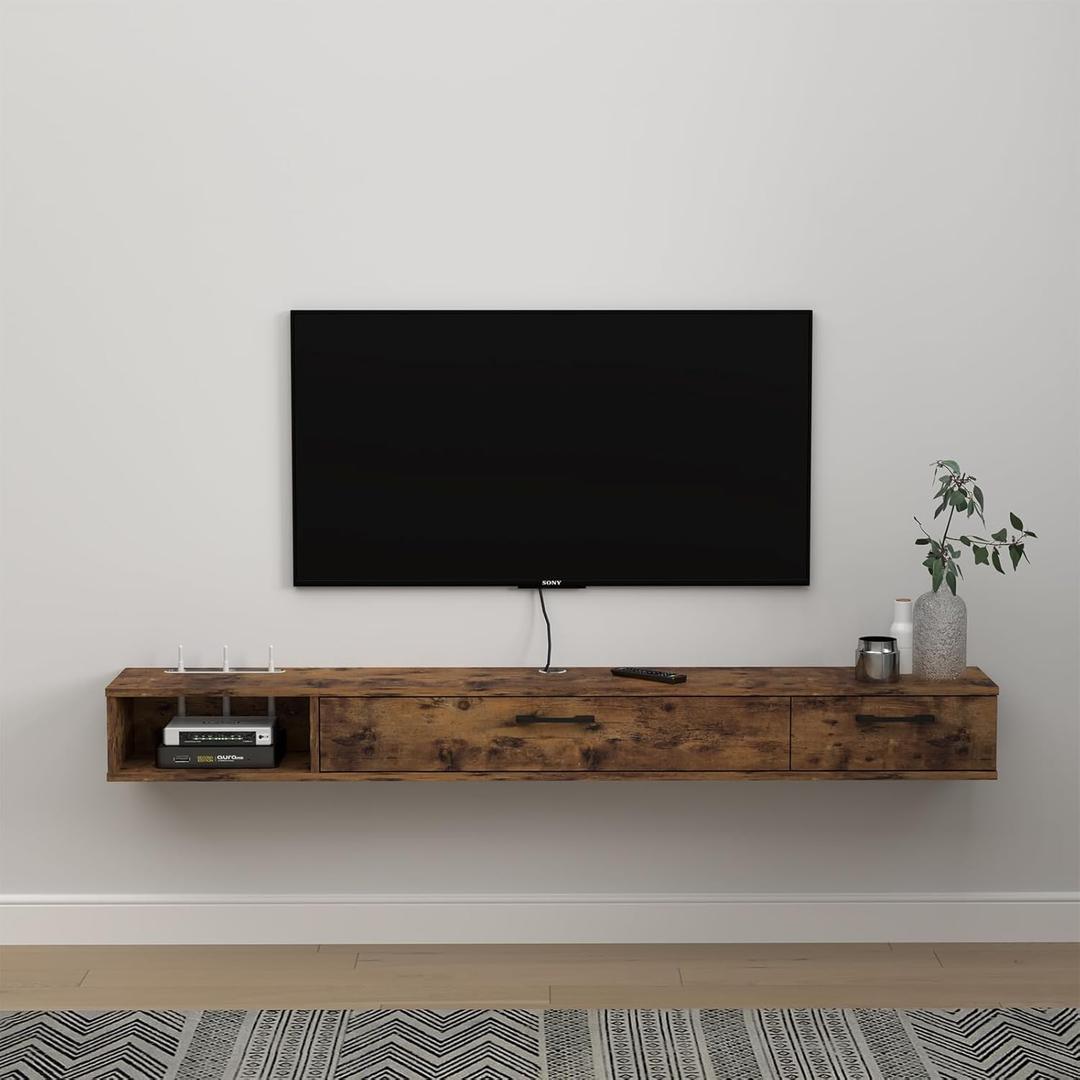 Pmnianhua Farmhouse Floating TV Stand with 2 Doors,55'' Under TV Shelf Floating,Wall Mounted TV Shelf,Rustic Floating TV Console for Under TV(Rustic Brown) (55.11 IN)