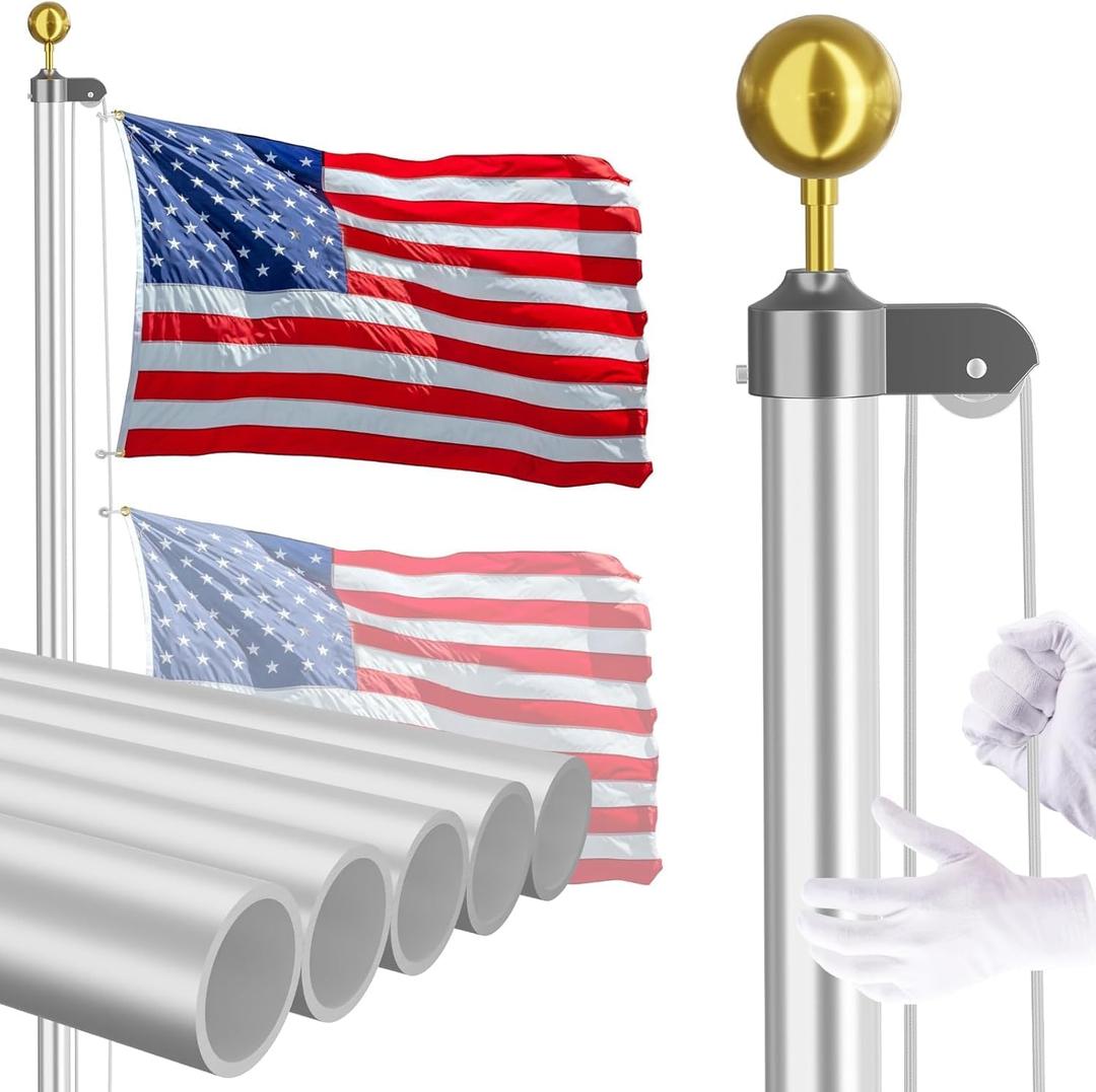 14 Gauge Flag Pole for Outside In Ground, 25 FT Heavy Duty Flagpole Kit for Yard, Extra Thick Outdoor Flag Poles with 3x5 American Flag for Residential or Commercial, Silver