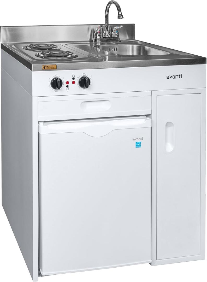 Avanti CK3016 Energy Star Certified Full Compact Kitchen, Built in Kitchenette Stainless Steel Counter, Two Element Cooking Range, Refrigerator & Storage, 30-Inch, White