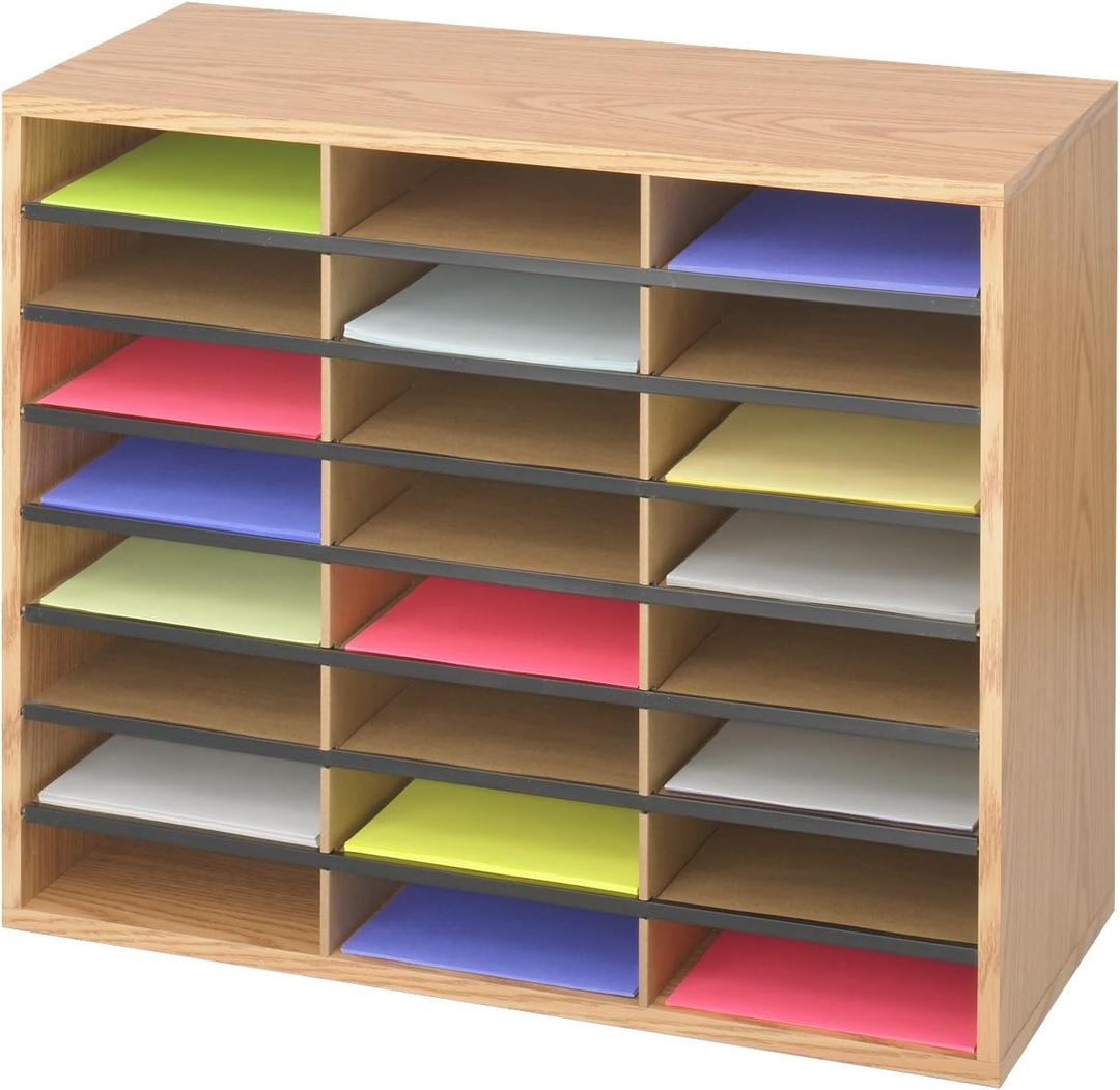 Safco Literature Organizer, 24 Compartments, Office and Classroom Mailbox with Adjustable Shelves, Wood Paper and Mail Sorter, Medium Oak, 23.5" x 29" x 12"