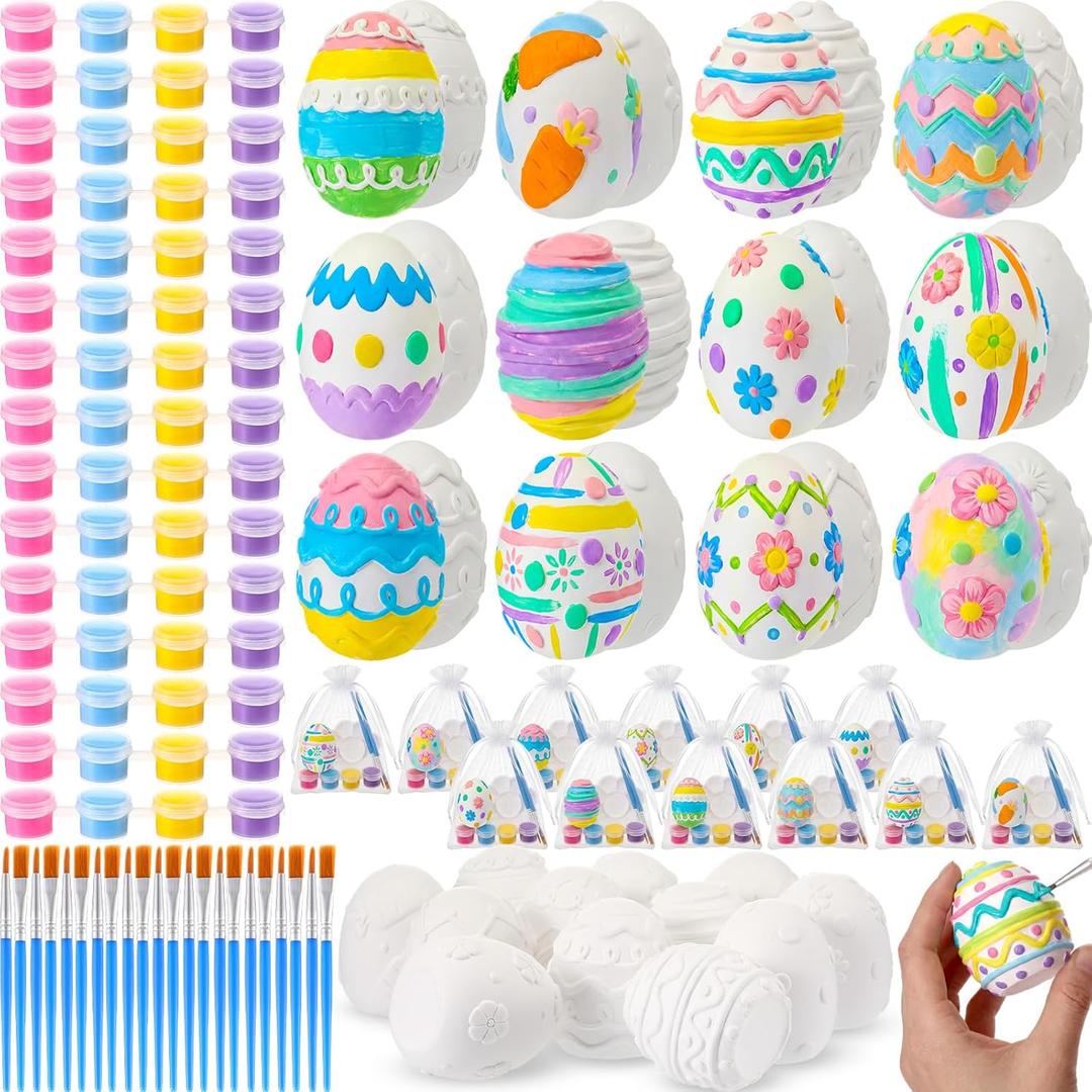 Zubebe 24 Set Ceramic to Paint Easter Eggs 3D Paint Your Own Ceramic Egg Figurines Unpainted Statues DIY Art Crafts with Painting Brushes Kit Palette Bags for Basket Stuffers Spring Party Favor Gifts