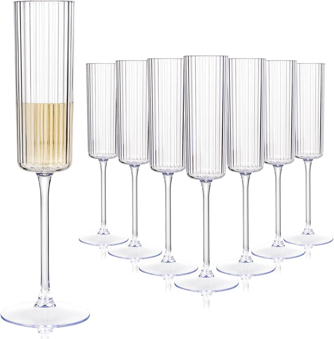 36 Pack Clear Plastic Champagne Flutes - 6oz Ribbed Disposable Champagne Glasses - Clear Vintage Mimosa Glasses with Long Stem - Elegant Sparkling Stemware for Weddings, Parties