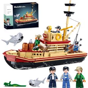 Fishing Boat Building Toy with Shark, Fishing Ship Building Kit with 3 Fisherman Minifigures, Birthday Valentine's Day Gifts for Adults Kids, Compatible with Lego Boat, 592 PCS
