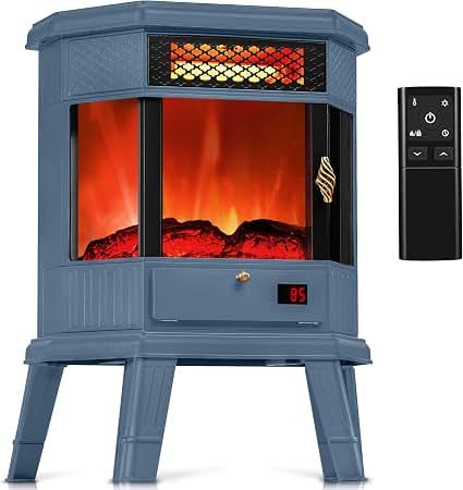 RealSmart Electric Fireplace Heater 22 in Freestanding Fireplace Stove Infrared Fireplace with 3D Flame Effect Remoted Control, Timer, Overheating Protection (Blue)