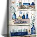 BJVJKSU Navy Blue Bathroom Decor Wall Art Rustic Blue Bathroom Canvas Wall Decor Please Seat Yourself Sign Print Painting Vintage Aesthetic Picture Artwork Decor(16x24in)