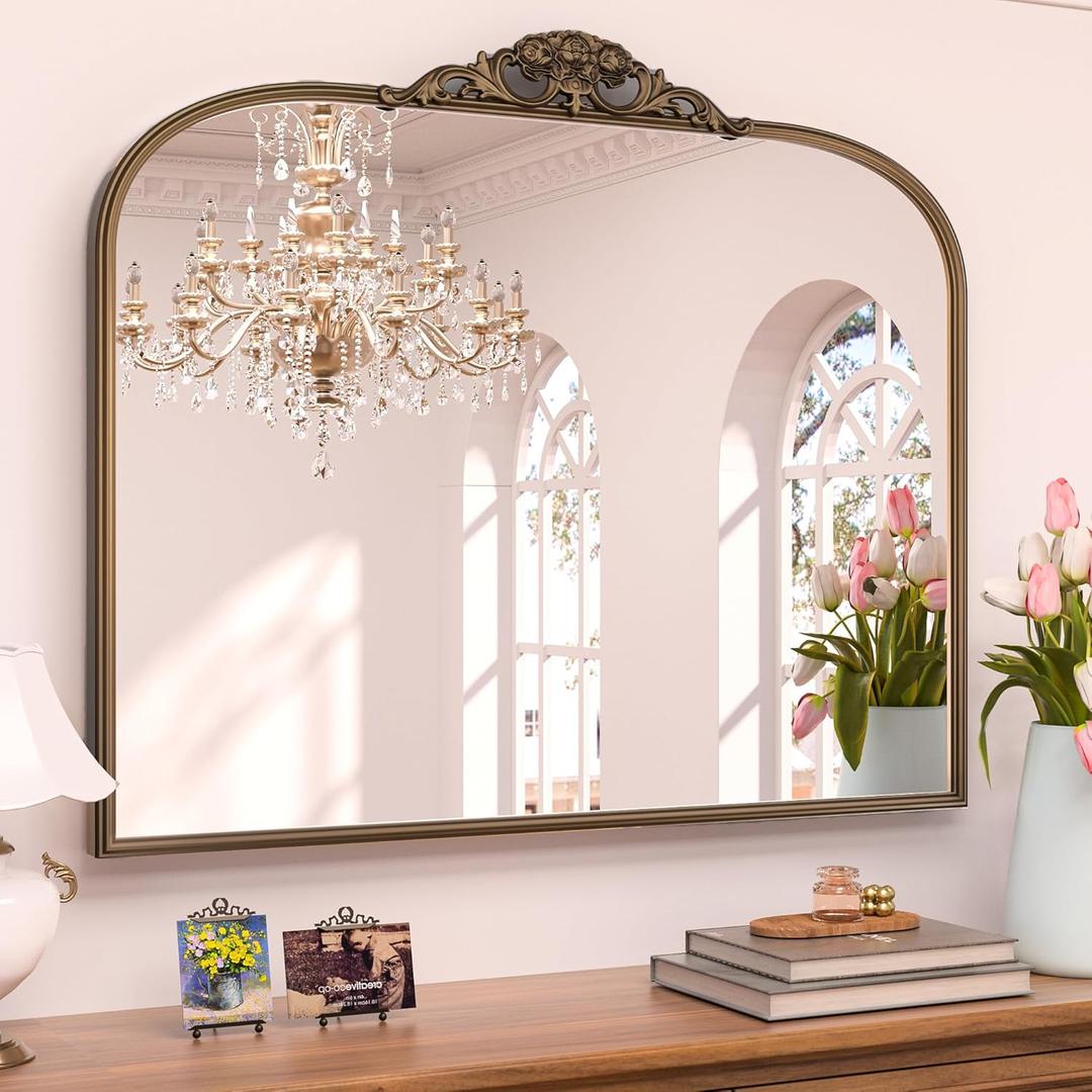 Keonjinn Vintage Gold Mirror, 40" x 30" Large Arched Mirrors with Metal Frame for Wall, Brass Baroque Mirror, Ornate Decorative Mirror for Mantle, Bathroom, French Cleat Mounting