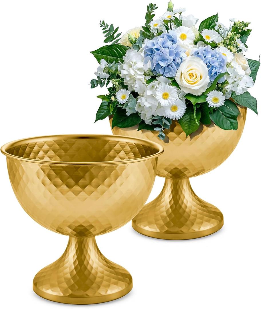 8.25'' Wide 7.3''High Decorative Bowl Vase Set of 2,Distressed Gold Metal Compote Bowl for TablesUrn Vases for Vintage Wedding Centerpieces,Elegant Compote Vases,Pedistal Vase for Any Event
