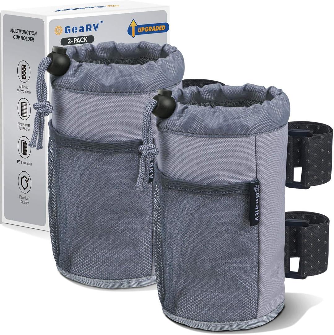 GEARV 2Pack Cup Holder for Bike, Scooter and Wheelchair, Water Bottle Holder for UTV/ATV, Walker, Golf Cart and Beach, Universal Drink Holder Accessories with Net Pocket and Cord Lock (Gray)
