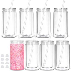 8 Pack plastic Snow Globe Tumbler, 16 Oz Double Wall Plastic Can with Lid and Straw, Plastic Mason Jar Mug for Snow Globe Glitter DIY Gift (Clear)