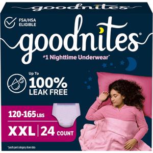 Goodnites Girls' Nighttime Underwear, Size XXL (120-165 lbs), 24 Ct (2 Packs of 12)
