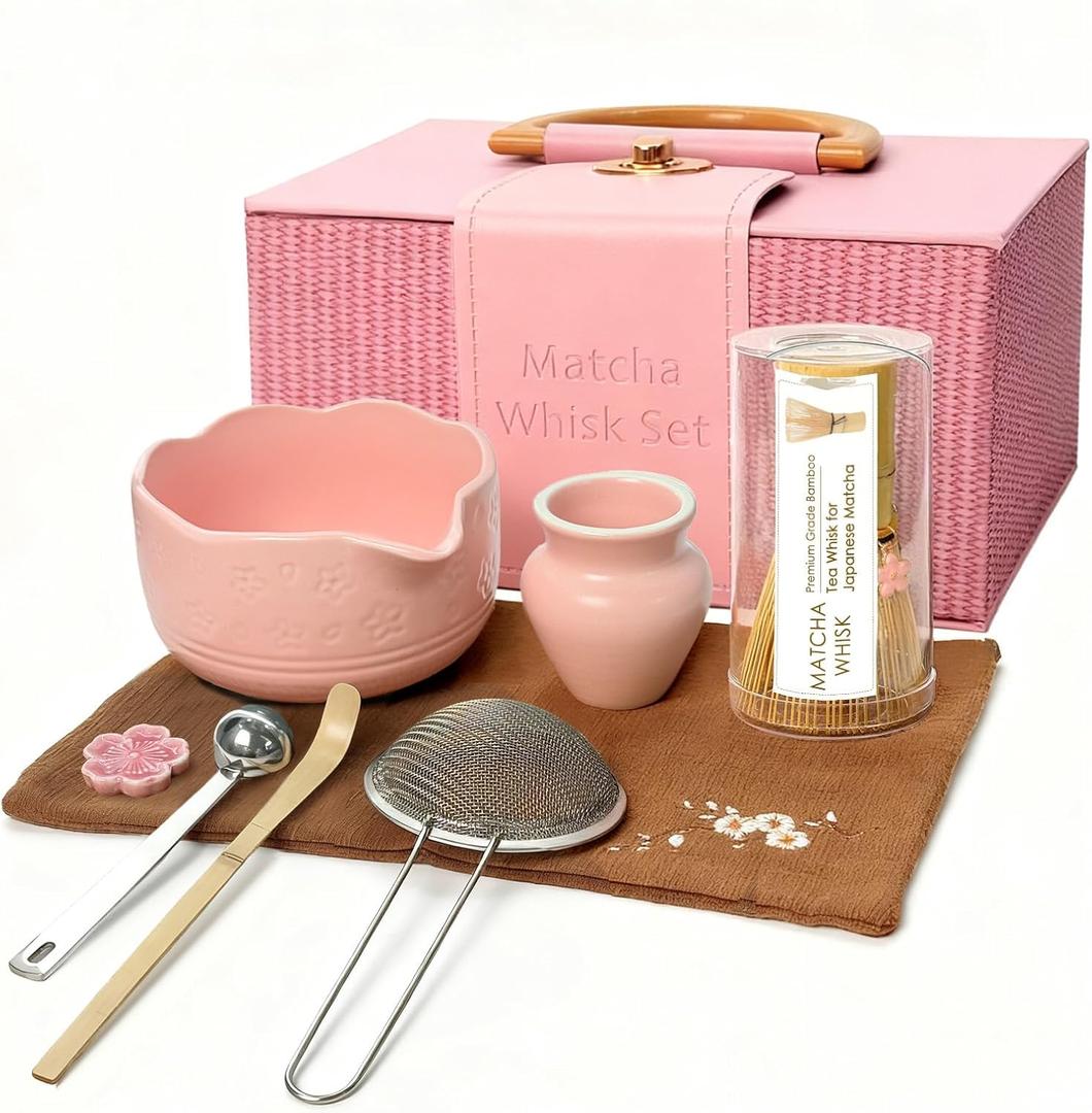 GZIXBDA 8Pcs Matcha Whisk Set, Matcha Set Includes Ceramic Matcha Bowl, Whisk and Holder, Bamboo Scoop, Scoop Rest, Sifter, Measuring Spoons and Tea Towel Tea Kit Gift Set for Women (Pink)