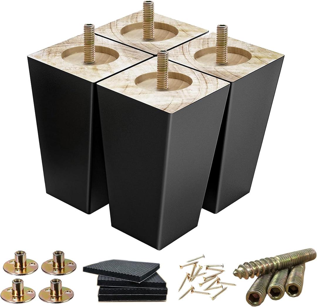 Wood Furniture Legs 5 inch Sofa Legs Pack of 4,Black Square Couch feet Mid Century Chair Legs,Sofa Replacement Parts,for Dresser, Sideboard, Recliner, Coffee Table