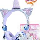 TCJJ Sparkly Unicorn Headphones for Girls, Wired Headset with Mic, HD Stereo Sound, Foldable Over-Ear Headphones,Tangle-Free Cord for School, Travel, Tablet-Ideal Christmas & Birthday Gift for Girls (Blue)