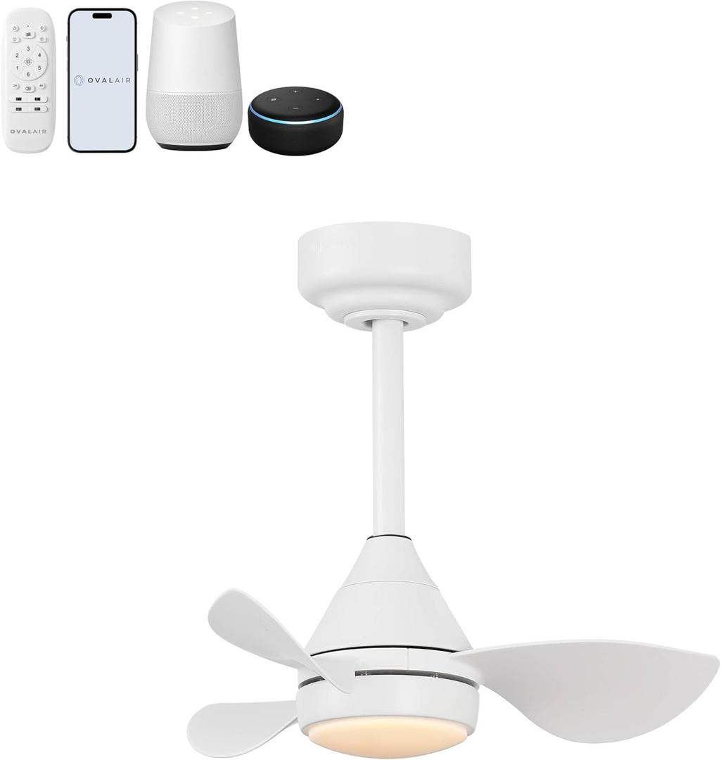 OVAL AIR AIR8000B Albini 22" Contemporary Minimalist 6-Speed Metal Mobile-App/Remote-Controlled Dimmable Smart Integrated LED Ceiling Fan for Living Room, Bedroom, Office, Frost White