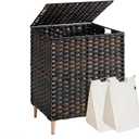 SONGMICS 2-Section Laundry Hamper with Lid, 29 Gal (110L) PE Rattan Laundry Basket with Removable Washable Liners, for Bedroom & Living Room, Chestnut Brown ULCB222ME01