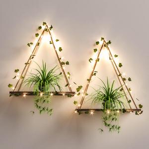 RICHER HOUSE Artificial Ivy LED-Strip Wall Hanging Shelves Set of 2, Macrame Shelf for Bedroom Bathroom Living Room Kitchen, Wood Hanging Plant Shelves for Wall Dcor (Ivya*2)