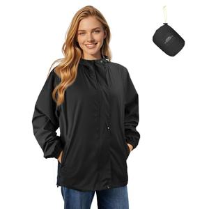 LAMA Women's Rain Jacket Lightweight Waterproof, Windbreaker Jackets with Hood Windproof Sun Protection, Outdoor Packable Raincoats with Pocket for Golf Hiking Cycling Bike Travel,BK,L