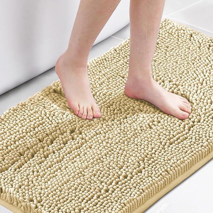 Bath Rug Chenille Floor Mat Ultra Soft Washable Bathroom Dry Fast Water Absorbent Bedroom Area Rug, Beige 18x48 