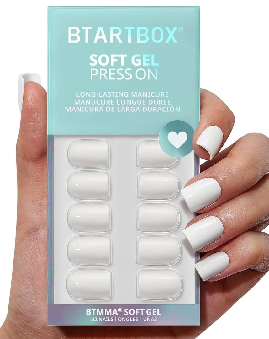 BTArtbox Press On Nails Square - Pastel White Short Press On Nails with Glue for Women, Opaque Soft Gel Glue On Nails in 16 Sizes - 32 Stick On Nails Kit, Note Book