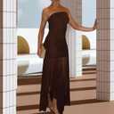 Women's Sexy Strapless Mesh Maxi Dress Tube Top Midi Dresses Wedding Guest Party Cocktail (Brown)