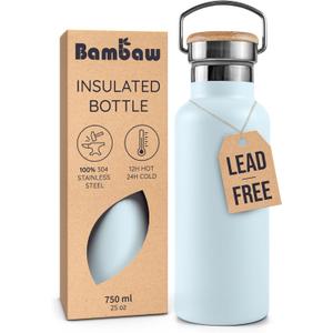 Bambaw Stainless Steel Water Bottle 24 oz, Metal Water Bottle Insulated, Lightweight & Reusable, Keeps Drinks Cold 24h & Hot 12h, Sleek & Elegant Design, Fits in Cup Holder (Ice Blue)