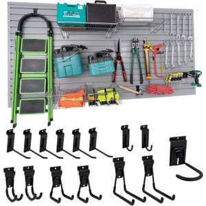 FRAYSCENT Slat Wall Paneling Garage Slat Wall Storage Systems Slatwall Panels Power Tool Organizer Wall Mount, PVC Garage Storage & Organization Products Slate Board (Grey, 4ft x 8ft with 15 Hooks)