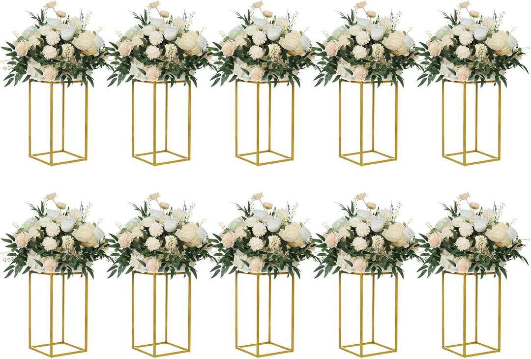 YALLOVE 10 Pcs 15.75" Gold Wedding Flower Stand Metal Vase Column Stand Geometric Centerpiece Vase for Home Party Wedding Decorations, Rectangular Flower Display Rack