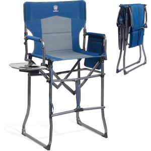 EVER ADVANCED Portable 30.7" Seat Height Tall Folding Camping Chair Directors Chair High Foldable Bar Stool with Side Table for Makeup Artist, Sports Event, Craft Show, Supports 350LBS (Blue Grey)