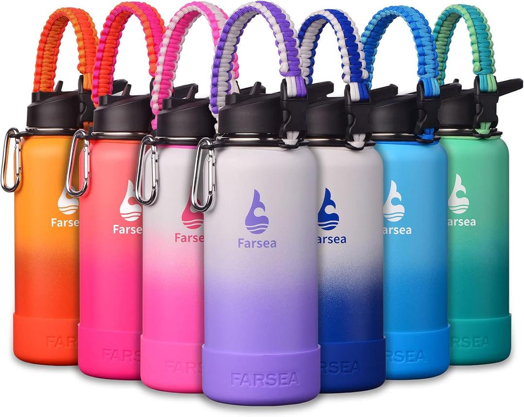Farsea Insulated Water Bottle With Paracord Handle, Protective Silicone Boot and 2 Lids (Straw Lid & Spout Lid), Stainless Steel Water Bottle Wide Mouth, Double Wall Sweat-Proof BPA-Free, 32 oz (White/Purple)