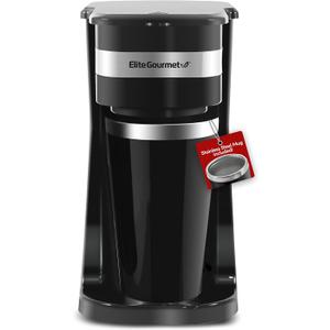 Elite Gourmet EHC114 Personal Single-Serve Compact Coffee Maker Brewer Includes 14Oz. Thermal Travel Mug with Stainless Steel Interior, Compatible with Coffee Grounds, Reusable Filter, Black