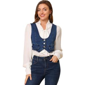 Allegra K Women's Denim Vest Sleeveless Button Down Cropped Casual Jean Vest Tops Western Cowgirl Outfits (XS, Dark Blue)