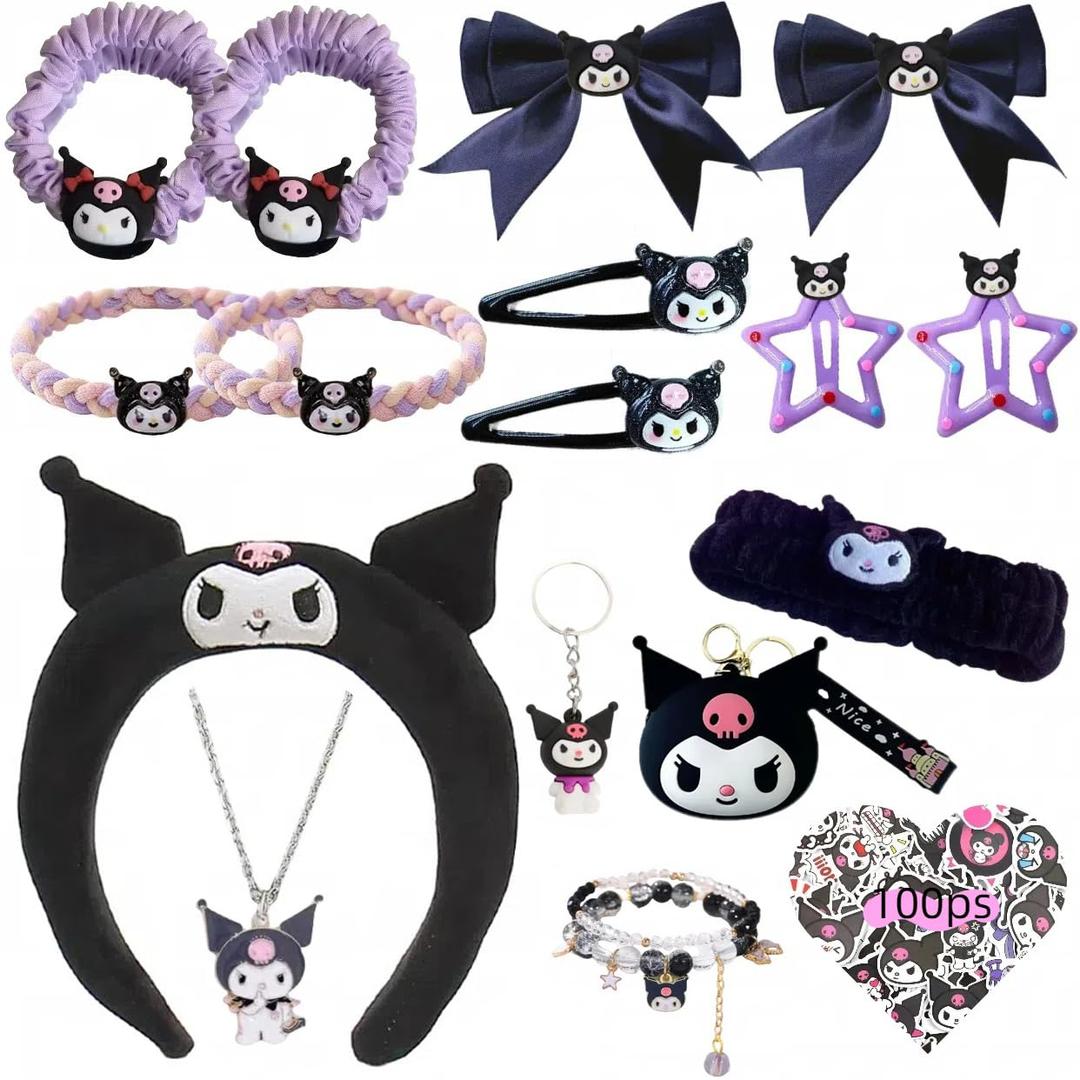 117Pcs Kawaii Cute Stuff Gifts Set Include Headband,Pouch, Hair Band, Hair Ties & Clips, Hairpin, Stickers, Necklace,Bracelet, Keychain(Black)