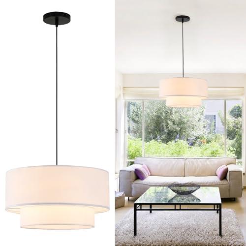 18" Drum Pendant Light Fixture, 3 Light Drum Chandelier with Wihte Fabric Lampshade, 2 Tier Dining Room Light Fixtures over Table, Ceiling Drum Chandeliers for Dining Room, Bedroom and Living Room