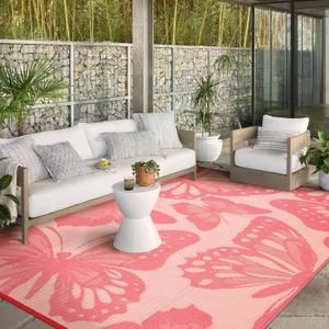 Wonnitar Outdoor Rug 9x12 Waterproof Reversible Plastic Straw Rug for Patio Clearance, Outside Area Rug RV Rug for Camping, Indoor Outdoor Butterfly Mat for Deck Balcony Porch, Pink