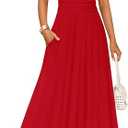 ZESICA Women's Summer Short Sleeve Maxi Dress 2025 Casual Crewneck Pleated A Line Flowy Long Dresses with Pockets M