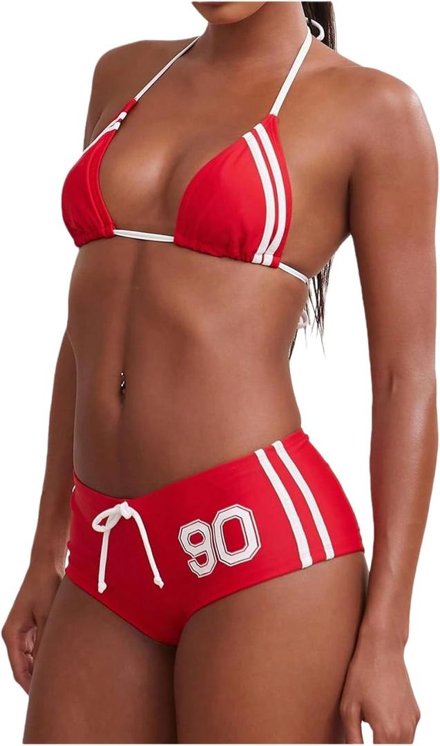 WDIRARA Women's Graphic Halter Triangle String Bikini Set 2 Piece Swimsuit with Shorts (Red and White) S
