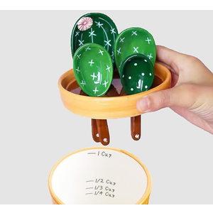Cactus Measuring Spoons Set in Pot, Cute Ceramic Measuring Spoons and Cups, Kitchen Cacti Spoon with Holder, Baking Measuring Cups Ornaments Gift (4 Color Spoon/Wave Pattern Base)