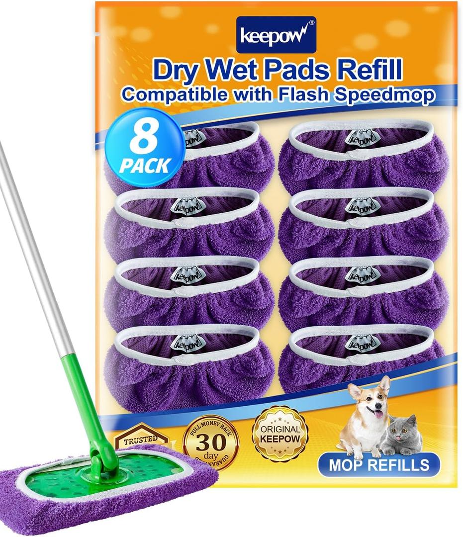KEEPOW Reusable Mop Pads Compatible with Swiffer Sweeper Mop, Microfiber Dry Sweeping Cloths & Machine Washable Wet Pads Refill for All Sealed Floors - Stone, Hardwood, Laminate & Tile (8 Purple)