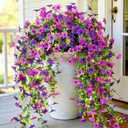 CCILAND 2 PCS Artificial Hanging Flowers for Outdoors, Fake Flower Plants UV Resistant Faux Hanging Spring Flowers for Home Porch Garden Patio Yard (Double Purple)