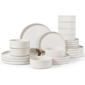 Famiware Nebula 24-Piece Dinnerware Set, Matte Beige White | Stoneware Plates and Bowls, Handmade Reactive Glaze, Microwave & Dishwasher Safe, Chip & Scratch Resistant